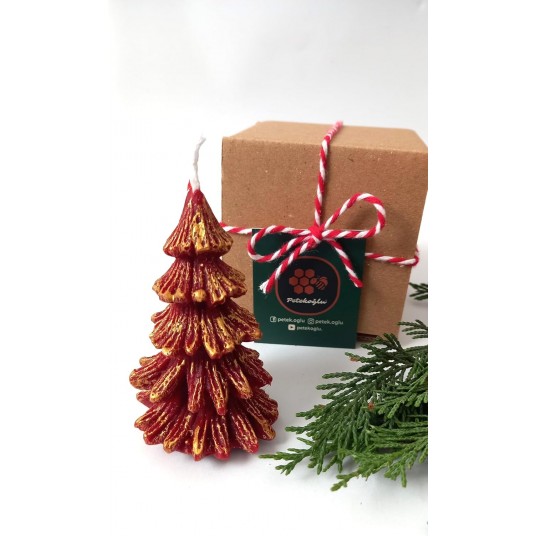 Doğal Petek Balmumu Mum Kırmızı Altın Simli Çam Ağacı Boy 8.5 Cm Bal Mumu Beeswax Candle Doğal Petek Balmumu Mum Kırmızı Altın Simli Çam Ağacı Boy 8.5 Cm Bal Mumu Beeswax Candle